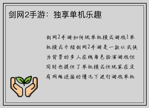 剑网2手游：独享单机乐趣